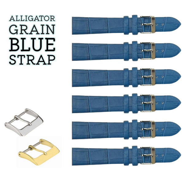 6PCS BLUE Leather Flat Unstitched Alligator Grain Watch Band Sizes 12MM-24MM