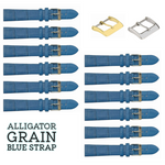 12PCS BLUE Leather Flat Unstitched Alligator Grain Watch Band Sizes 12MM-24MM