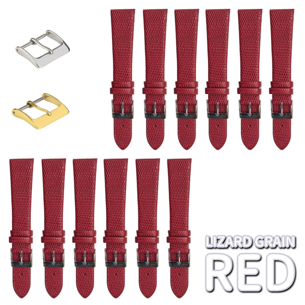 12PCS Lizard Grain Flat RED Unstitched Genuine Leather Watch Band Size (12MM-24MM)