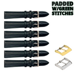 6PCS Black Leather Watch Band Sizes 8MM-24MM Padded w/GREEN Stitches