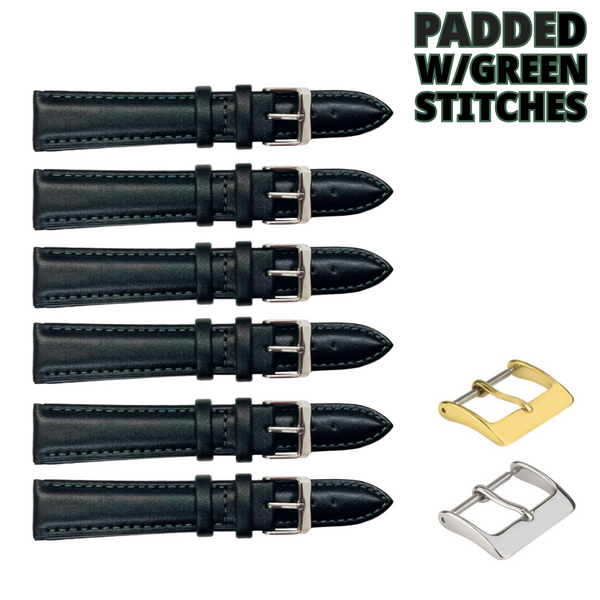 6PCS Black Leather Watch Band Sizes 8MM-24MM Padded w/GREEN Stitches